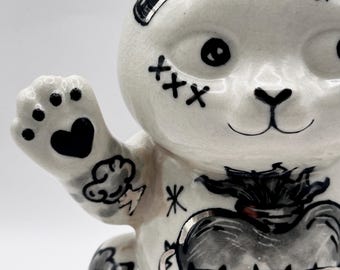 Maneki Neko Incense Holder, Porcelain Tattoo Cat, Handmade Japanese Cat Decor with Real Platinum