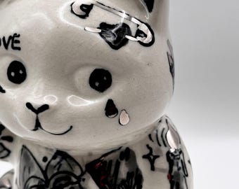 Porcelain Tattoo Cat Incense Holder, Maneki Neko with Real Platinum Details