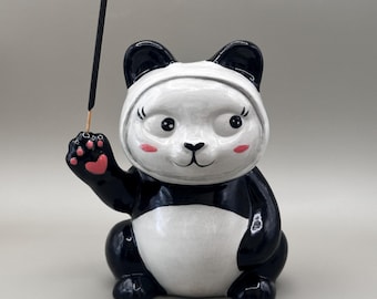 Ceramic Cat Incense Holder | Panda Cat Figurine | Handmade Ceramic Cat | Cute Kawaii Home Decor | Artisan Cat Sculpture