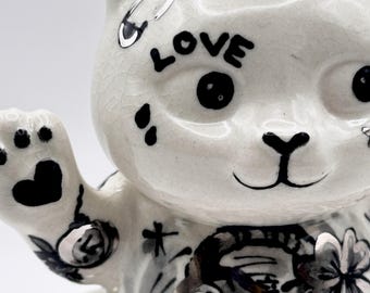 Traditional Tattoo Cat Incense Holder, Porcelain Maneki Neko, Handmade Ceramic Cat, Old School Tattoo Decor, Japanese Cat Figurine