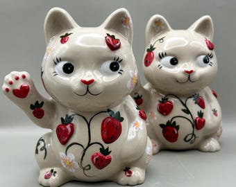 Ceramic Cat Incense Holder | Strawberry Cat Figurine | Handmade Ceramic Cat | Cute Kawaii Decor | Fruit Cat Sculpture