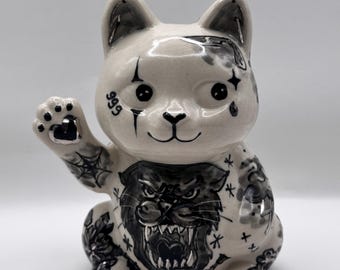 Porcelain Tattoo Cat Incense Holder with Platinum