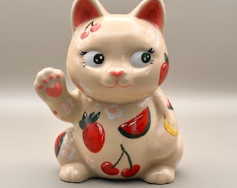 Cute Ceramic Lucky Cat Incense Holder | Handmade Kawaii Maneki Neko Incense Stick Burner | Floral Fruit Decor | Gift for Cat Lover