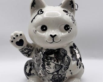 Old School Tattoo Cat, Porcelain Incense Holder, Handmade Ceramic Cat with Real Platinum Details