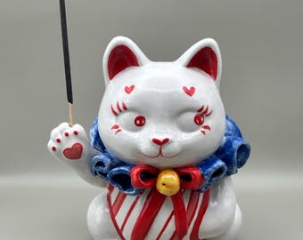 Ceramic Cat Incense Holder | Lamp Cat Figurine with Bell | Handmade Ceramic Cat | Cute Kawaii Home Decor | Artisan Sculpture