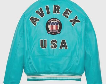 Avirex USA All Americans Leather Varsity Jacket - Turquoise Blue/Teal Bomber Jacket - Vintage Hip Hop Style Streetwear -