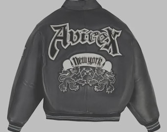 Avirex New York Lederjacke - Vintage Schwarz Varsity Bomber - Gesticktes Löwenwappen Streetwear - Retro 90er Jahre Hip Hop Mode Ledermantel