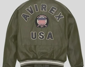 Avirex USA Leather Jacket,Vintage Style Bomber Jacket, Olive GreenMilitary Flight Jacket,Men's Varsity Jacket,Premium Embroidered Leather