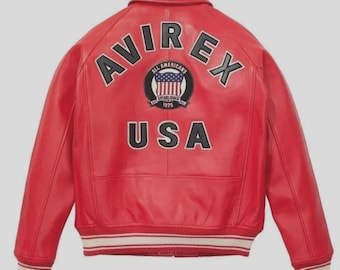 Herren rote Leder Bomberjacke - Vintage Avirex USA Style Fliegerjacke - Handgemachte bestickte Varsity Lederjacke -