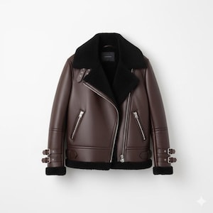 Può includere: Giacca in pelle marrone con colletto e fodera in montone nero. La giacca presenta una chiusura con zip diagonale, hardware argentato e cinturini regolabili sulle maniche e in vita. Un capo di abbigliamento esterno elegante.