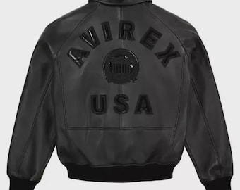 Herren Schwarze Leder Bomberjacke - Vintage Avirex USA Style Fliegerjacke - Handgemachte bestickte Lederjacke - Klassische Biker Bomberjacke