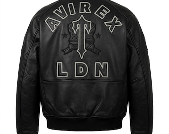 Schwarze Leder Bomberjacke für Herren - Avirex LDN Style Fliegerjacke - Handgemachte bestickte Trapstar inspirierte Varsity-Jacke -
