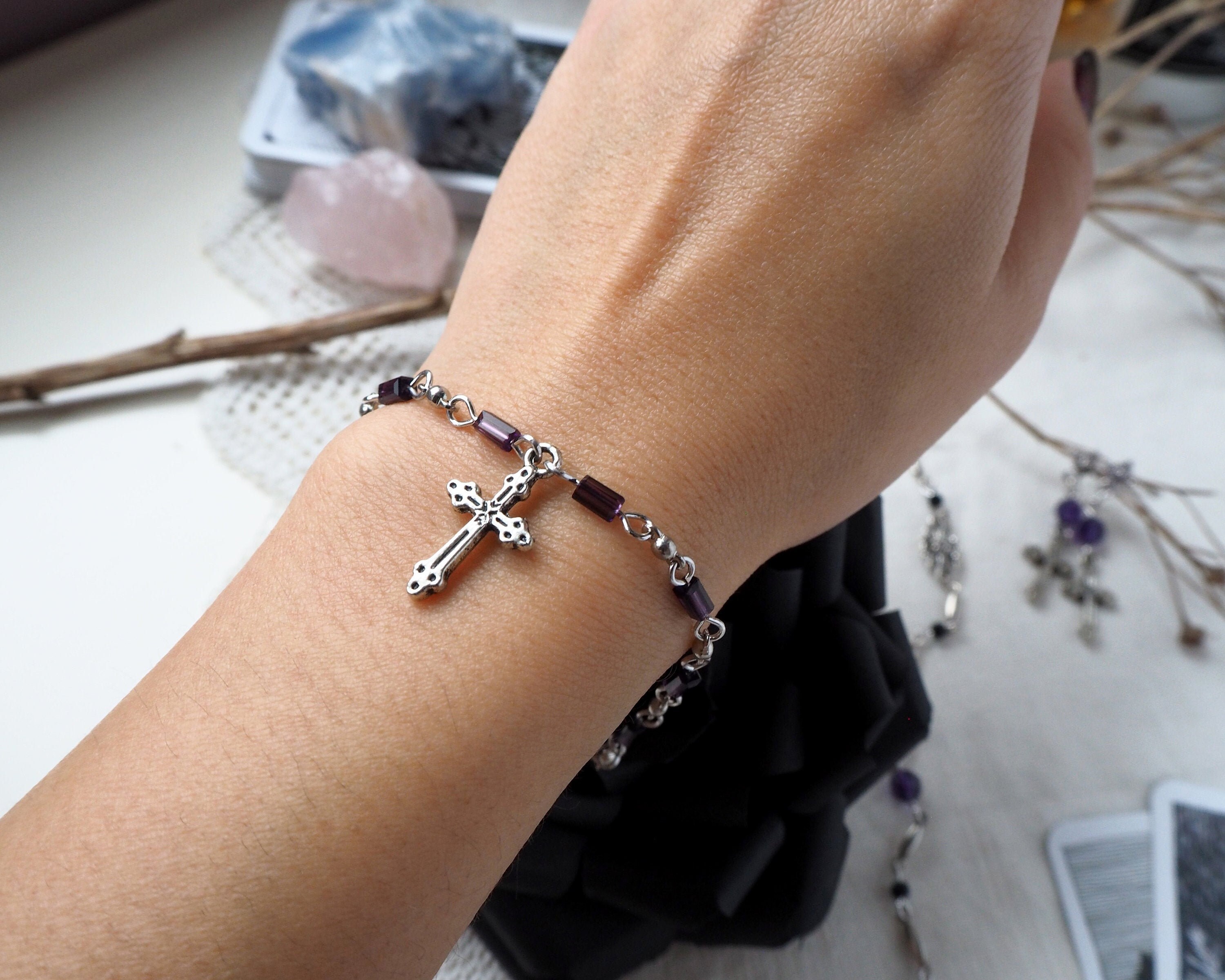 Grunge Silver Cross Charm Crystal Bracelet - Punk Halloween