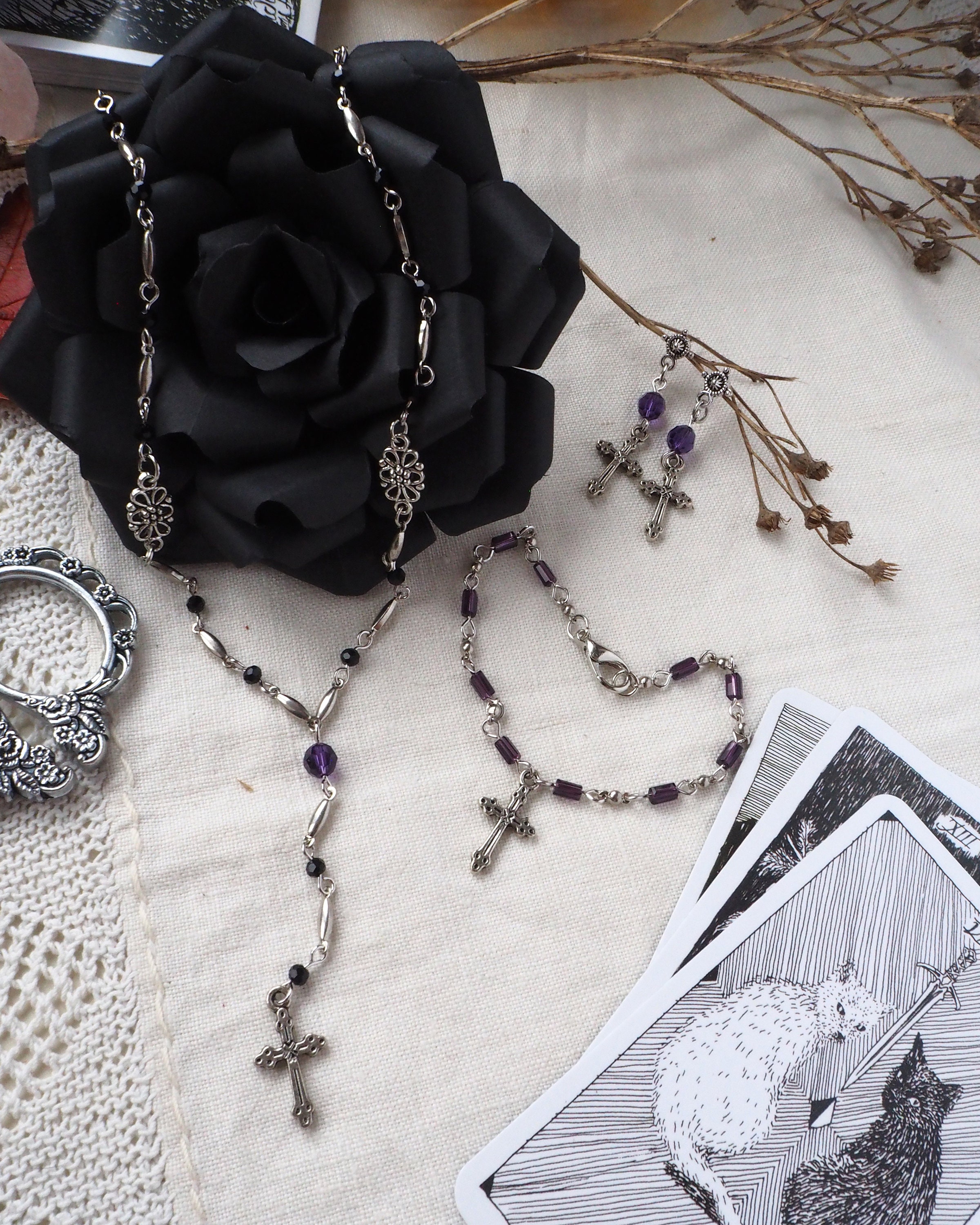 Grunge Silver Cross Charm Crystal Bracelet - Punk Halloween 