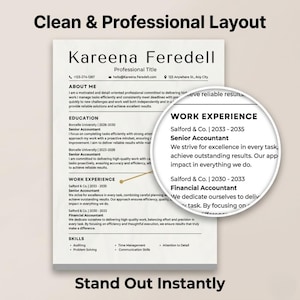 May include: A clean, professional resume template with the name "Kareena Feredell" at the top. The resume includes sections for "About Me," "Education," "Work Experience," and "Skills." The text "Clean & Professional Layout" and "Stand Out Instantly" are also visible.