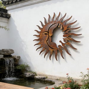 Rusty Metal Sun God Wall Decor, Rustic Moon Metal Sculpture, Yin Yang Art, Solar System Hanging Wall, Gifts for Dad