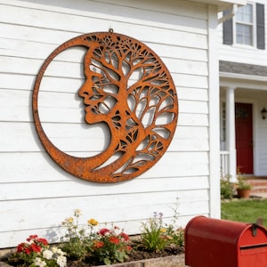 Rusty Metal Moon Face Tree Wall Art, Iron Garden Decor, Outdoor Wall Sculpture, Boho Wall Hanging, Celestial Tree of Life Decor