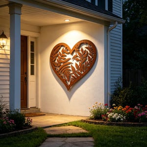 May include: A large, heart-shaped metal wall art piece with a fern leaf design. The artwork is made of rusty brown metal and is mounted on a white wall. The fern leaves are cut out, creating a negative space effect. The art is illuminated by a spotlight.