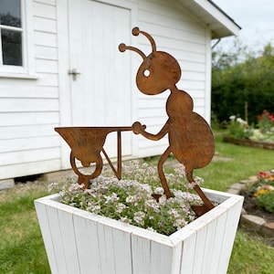 Rust Finish Metal Ant with Wheelbarrow Garden Stake, Rusty Farmhouse Decor, Metal Insect Yard Art