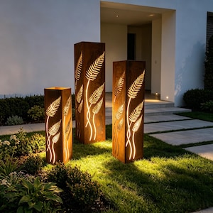 Set of 3 Large Rusty Metal Fern Column Garden Decor,  Corten Steel Yard Art, Outdoor Fern Sculpture, Rusty Light Cover, Gifts for Mom