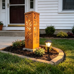 Pode incluir: Uma placa de endereço retangular de metal cor de ferrugem com os números "2391" e o nome "LINDBERGH" recortados. A placa apresenta um design floral e é iluminada por dentro. Uma pequena lâmpada solar está por perto.