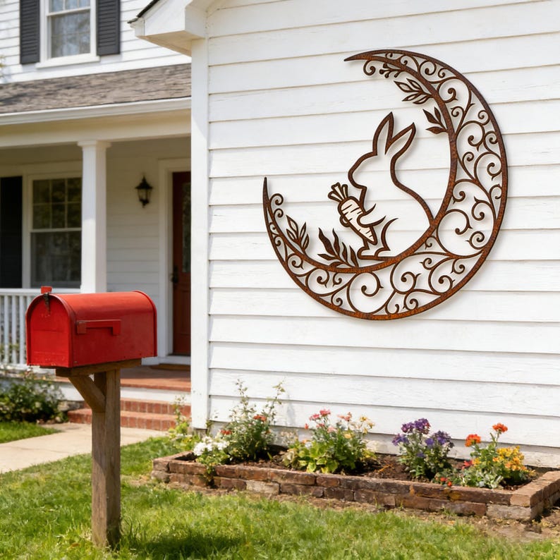 Rusty Metal Crescent Moon Rabbit With Rabbits Wall Hanging, Rustic ...