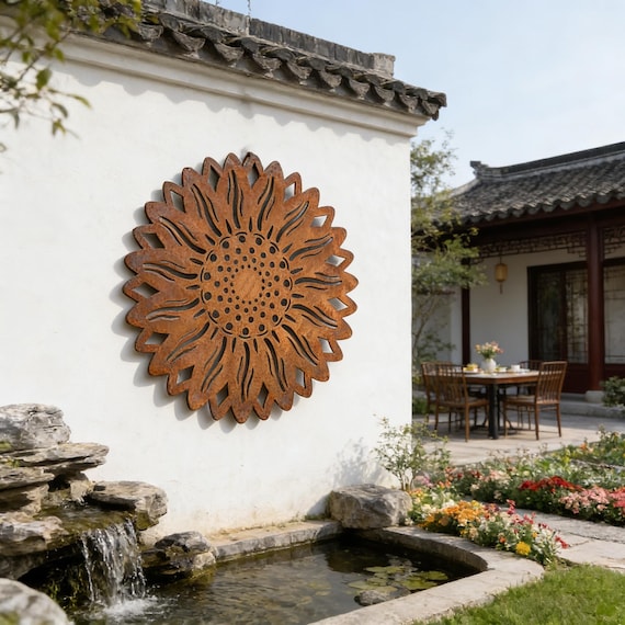 Outdoor Rusty Sunflower Wall Sign, Metal Sunflower Silhouette Yard Decor, Inner Room Ornament, Anniversary Gift