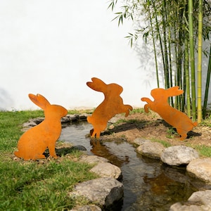 Metal Rustic Bunnies Garden Stakes, Vintage Leaping Rabbit Statue Art, Rusty Bounding Hare Sculpture, Iron Sitting Easter Animal Decor