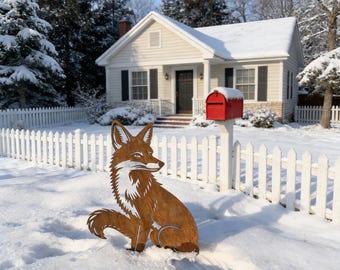 Rusty Sitting Looking Back Fox Yard Art, Rusted Metal Fox Wildlife Garden Stake, Fox Lover Gift
