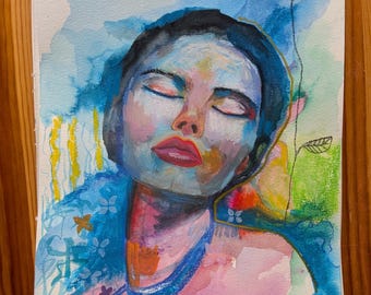 Blauwe sereniteit vrouw portret Art Print, kalmerende mixed media kunst schilderij
