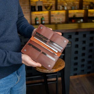 Cognac leather long wallet, slim travel organizer for bills & cards