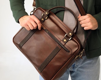 Brown leather laptop bag, mens handcrafted briefcase, full grain travel business bag