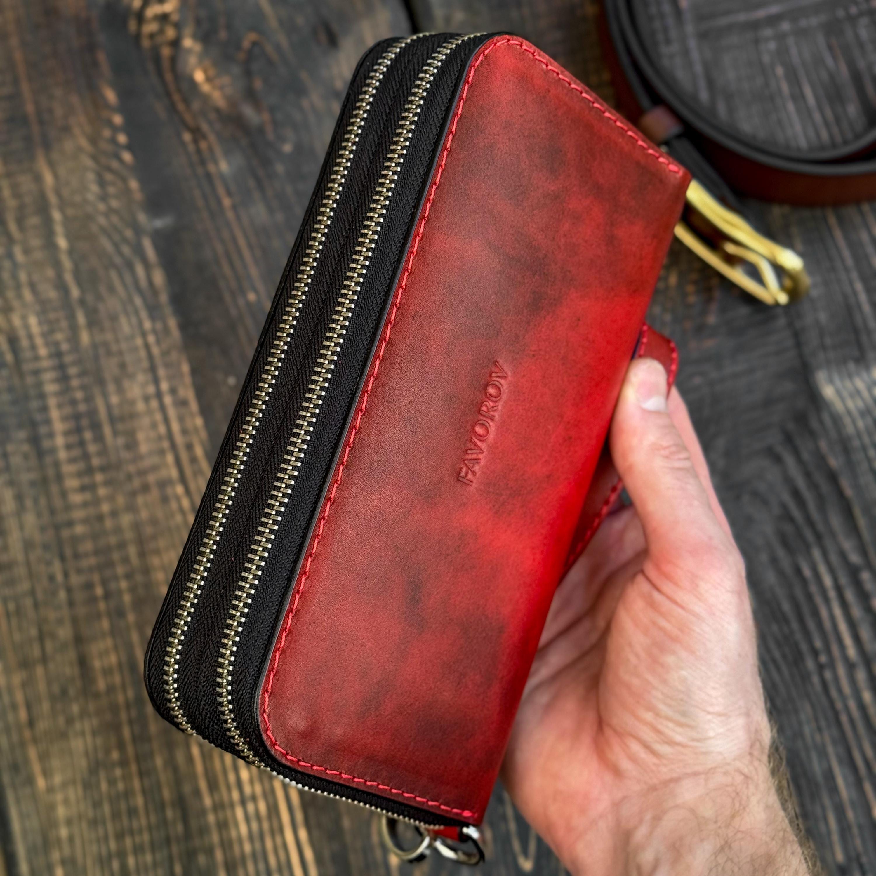Red leather double zipper wallet, personalized long wristlet travel clutch, handcrafted 3rd anniversary gift