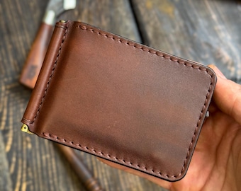 Portafoglio minimalista con fermasoldi – Portafoglio da uomo in pelle pieno fiore, realizzato a mano, da tasca anteriore.