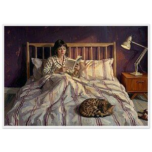 May include: An oil painting depicts a person reading in bed, illuminated by a bedside lamp. The bed has a striped comforter and pillow set. A curled-up cat rests at the foot of the bed. The person wears polka-dot pajamas.