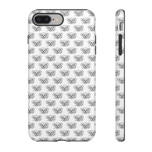 May include: A white phone case with a repeating pattern of small, black and white dog illustrations. The case has a black border and a camera cutout. The side view of the case is also visible.