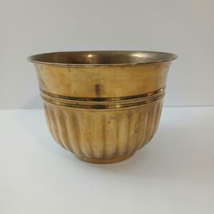 May include: A polished brass planter with a wide, flared rim and a rounded body featuring vertical fluted detailing. The metallic surface displays a warm, golden hue with subtle variations in tone and texture across the exterior of the vessel.