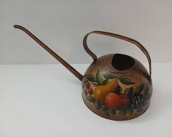 Vintage Swedish Folk Art Toleware Watering Can - Hand Painted "Lycka Till" Good Luck Fruit Motif