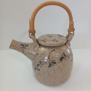 90s Cottagecore Speckled Stoneware Teapot with Bamboo Handle, Vintage Lavender Floral Studio Pottery, Small 2 Cup Ceramic Tea for One Pot
