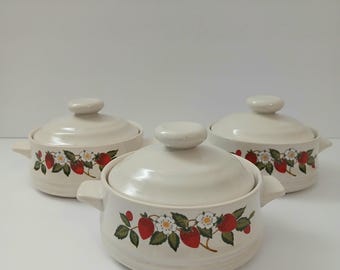 Juego de 3 cazuelas individuales Sheffield Strawberries 'n Cream, estilo retro de los años 70.