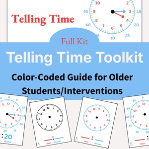 Puede incluir: Un kit de aprendizaje para aprender a decir la hora, con un diseño azul y blanco. La imagen incluye esferas de reloj con manecillas que indican las horas, junto con el texto "Telling Time Toolkit" y "Color-Coded Guide for Older Students/Interventions."