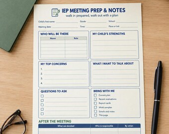 May include: A cream-colored IEP meeting prep and notes sheet with dark blue text. The form includes sections for meeting details, attendee roles, child strengths, concerns, discussion topics, questions, a checklist, and an action plan table.
