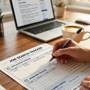 May include: A white paper job search tracker form with blue text and lines, featuring sections for application tracking, interview tracking, and weekly goals. The form includes the printed text JOB SEARCH TRACKER, APPLICATION TRACKER, INTERVIEW TRACKER, THIS WEEK'S GOALS, and NOTES & QUESTIONS TO ASK.