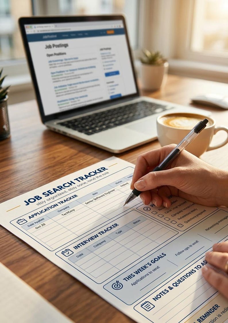 May include: A white paper job search tracker form with blue text and lines, featuring sections for application tracking, interview tracking, and weekly goals. The form includes the printed text JOB SEARCH TRACKER, APPLICATION TRACKER, INTERVIEW TRACKER, THIS WEEK'S GOALS, and NOTES & QUESTIONS TO ASK.