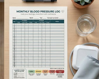 May include: A printed monthly blood pressure log sheet with columns for morning and evening readings, including SYS/DIA and pulse fields. The document features a reference chart for blood pressure ranges and a section for notes, name, month, and year.