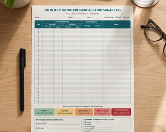 Puede incluir: Una hoja de registro mensual de presión arterial y azúcar en sangre con columnas para lecturas diarias, una tabla de referencia para adultos y secciones para objetivos personales y notas para compartir con el médico.