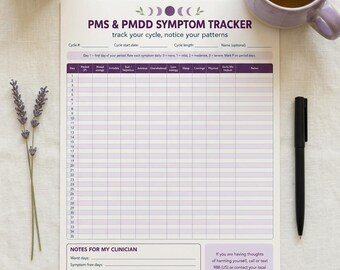 Puede incluir: Una hoja impresa de seguimiento de síntomas de SPM y TDPM con un encabezado morado que muestra fases lunares. La cuadrícula incluye columnas para registrar el estado de ánimo, energía, sueño y antojos durante 35 días, con notas médicas.