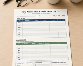 May include: A printed weekly meal planner and glucose log sheet with a white background and dark blue and green headers. The document includes sections for daily meal planning, glucose tracking, a grocery list, and notes for a care team.