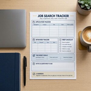 May include: A white paper job search tracker with blue text and borders. Sections include Application Tracker, Interview Tracker, Prep Checklist, This Week's Goals, Notes & Questions to Ask, and a reminder stating Rejection is redirection.