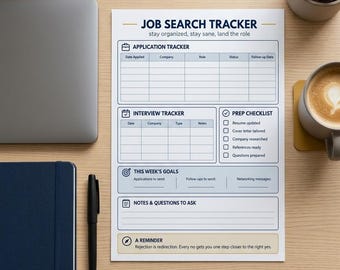 Puede incluir: Una hoja de seguimiento de búsqueda de empleo blanca con texto y bordes azules. Las secciones incluyen seguimiento de solicitudes, entrevistas, lista de verificación de preparación, objetivos semanales y notas y preguntas.